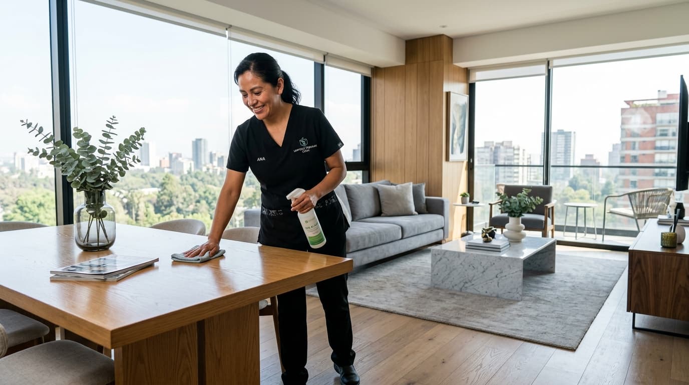 Personal capacitado y verificado realizando limpieza de departamentos a domicilio en CDMX en un hogar residencial moderno