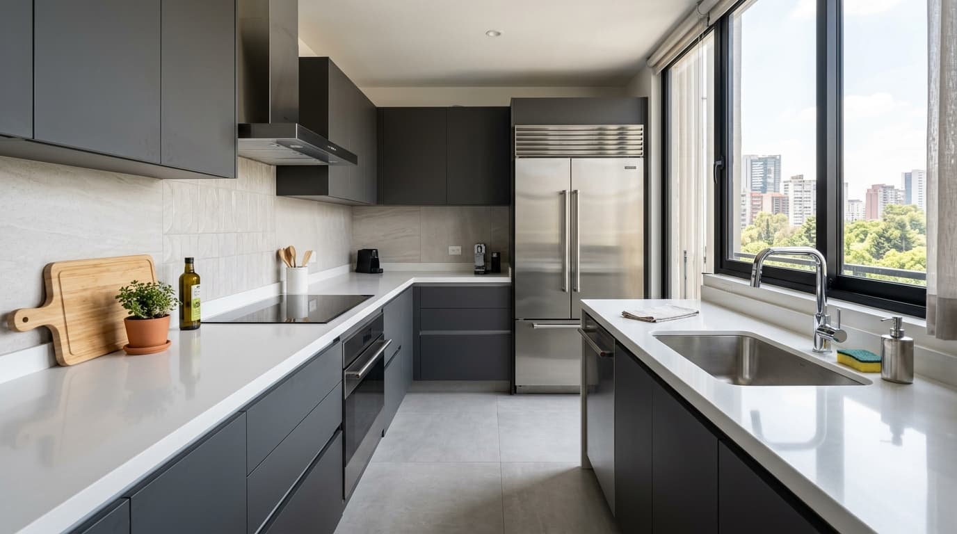 Limpieza de superficies y tarja en cocina de departamento habitado como parte del servicio de limpieza general en CDMX