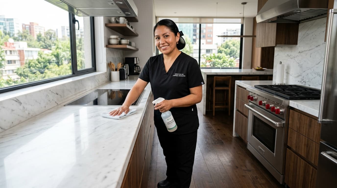 Operaria de limpieza profesional de Aquilimpio con filipina negra realizando servicio de limpieza a domicilio premium en un departamento de CDMX