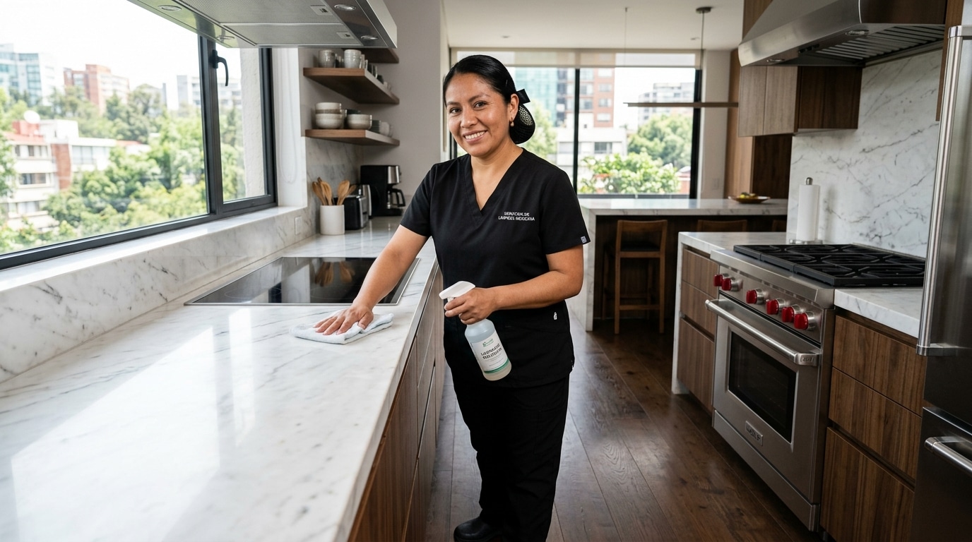Operaria de limpieza profesional de Aquilimpio con filipina negra realizando servicio de limpieza a domicilio premium en un departamento de CDMX