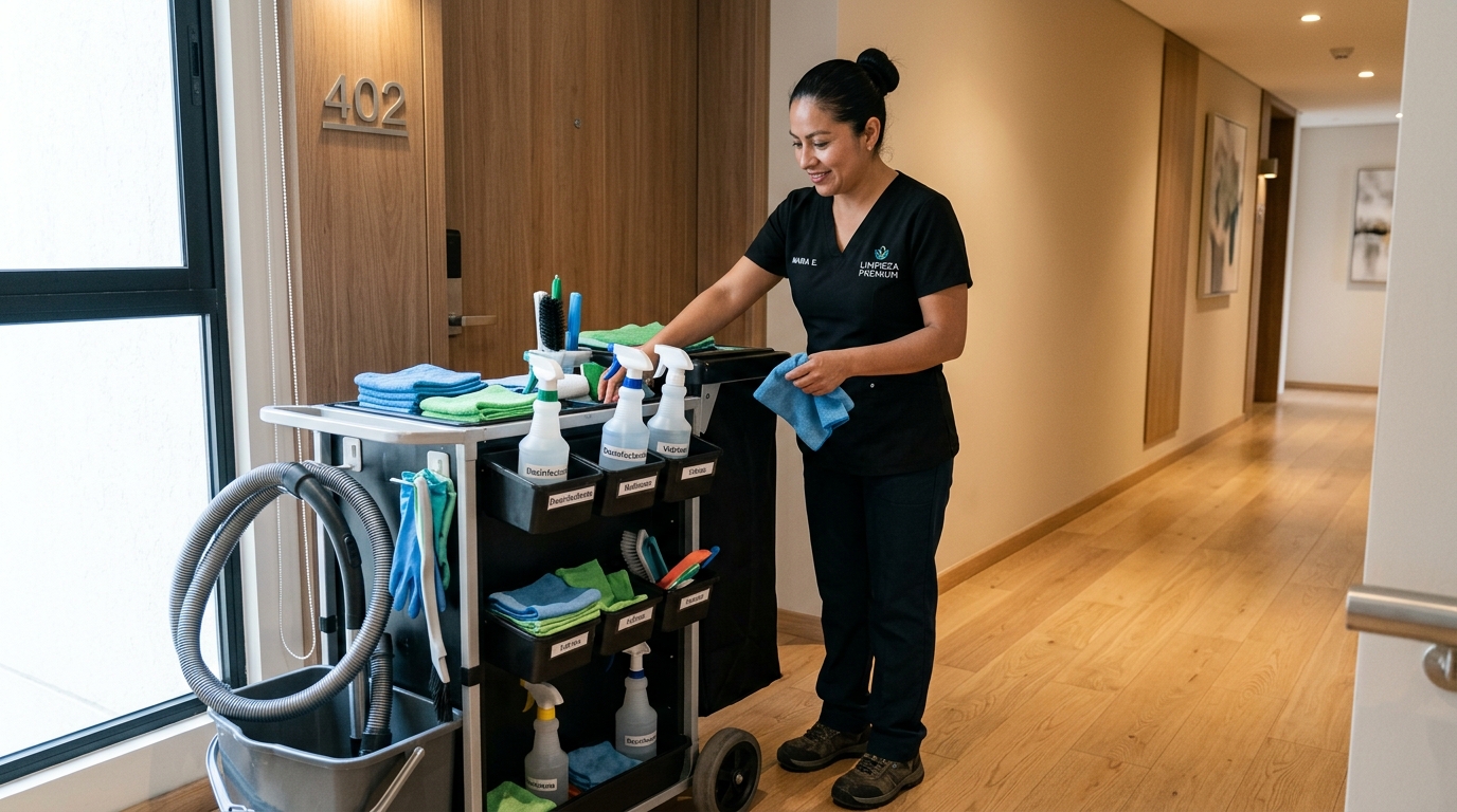 Personal de limpieza organizando materiales antes de realizar limpieza de departamento a domicilio en Ciudad de México